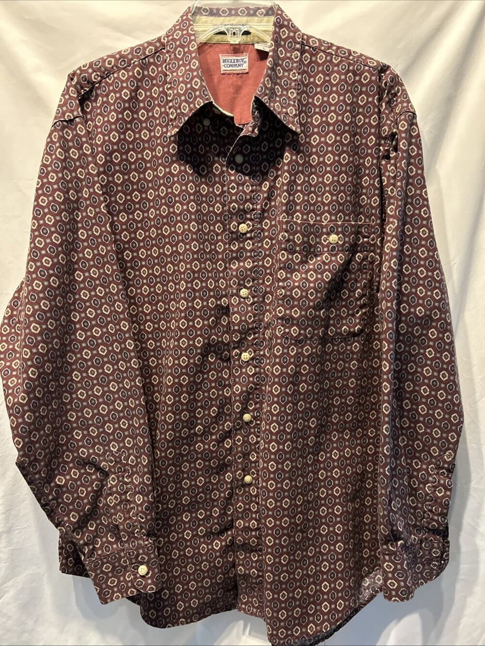 VTG Bugle Boy Mens L Burgundy Geometric Print Button Down Preppy Camp No Iron